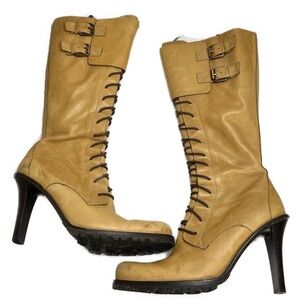 Donald Pliner Italian Made Leather Lace Up Knee High Heeled Lug Sole Boot sz 9